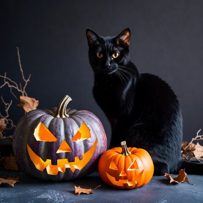Black Cat with Jack-o-Lantern Pumpkins