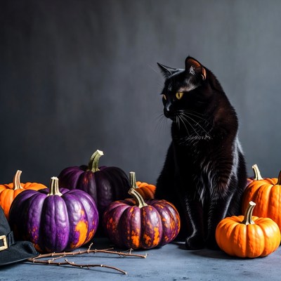 Black Cat Sitting with Pumpkins