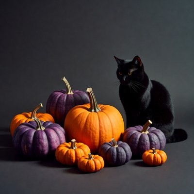 Black Cat with Orange Purple Pumpkins