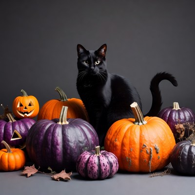 Black Cat with Halloween Pumpkins