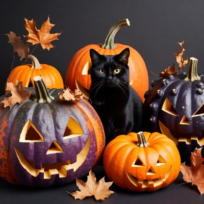 Black Cat Among Halloween Pumpkins