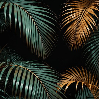 Green and Gold Palm Leaves on Black