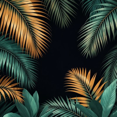 Tropical Palm Leaves on Black Background
