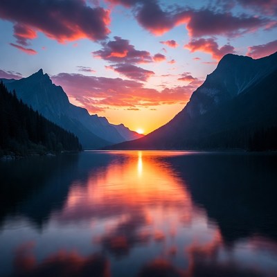 Sunset over mountain lake