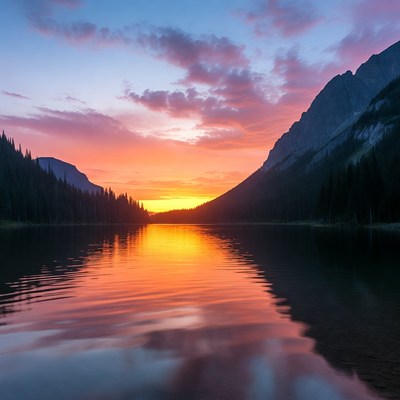 Sunset over mountain lake
