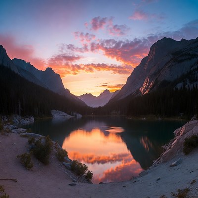 Sunset over mountain lake reflection
