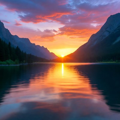 Sunset over mountain lake
