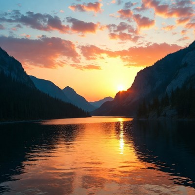 Sunset over mountain lake