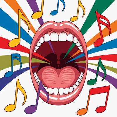 Open mouth singing with musical notes