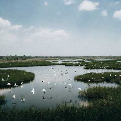 Flock of egrets in wetlands