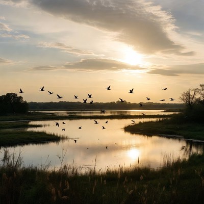 Flock of Birds Flying over River Sunset