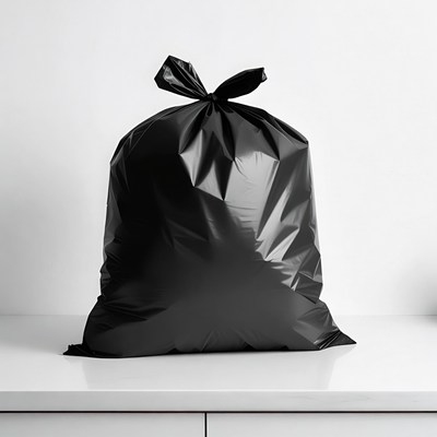 Black trash bag tied on white surface