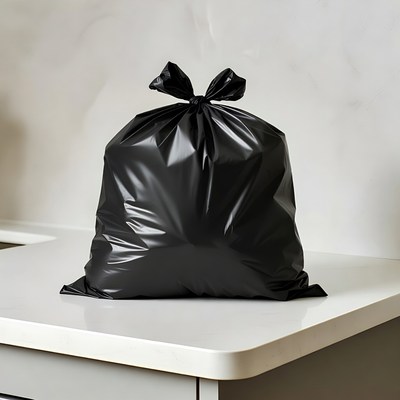Black trash bag on kitchen counter