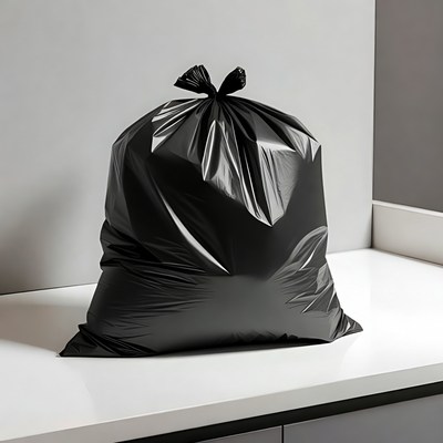 Black trash bag on counter