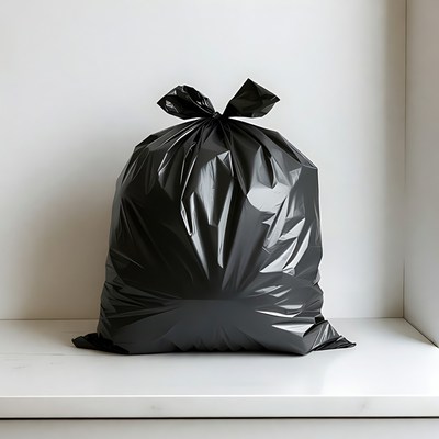 Black trash bag tied on white surface