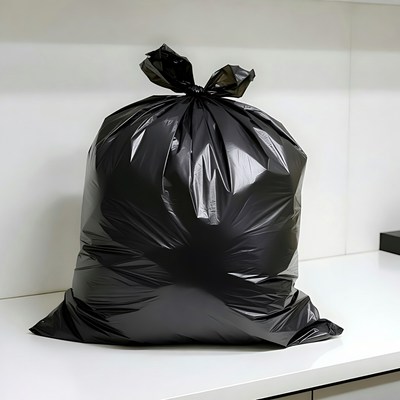 Black Trash Bag Tied on Counter