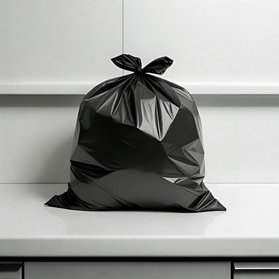Black trash bag on white counter