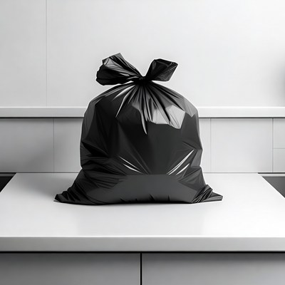 Black trash bag on kitchen counter