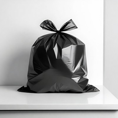 Black trash bag tied on white surface