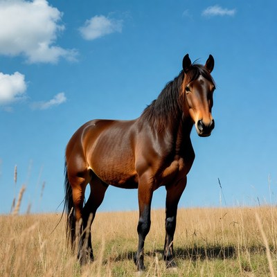 Brown horse standing in grassy field