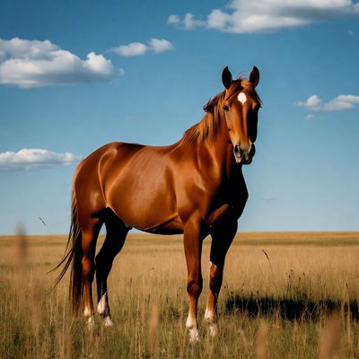 Bay horse standing in grassy field