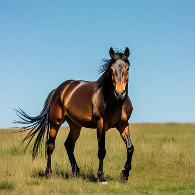 Brown horse walking in green field