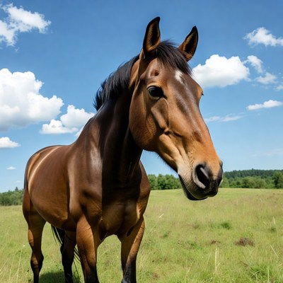 Brown horse in green field