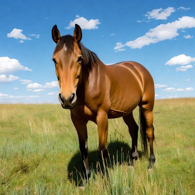 Brown horse standing in green field