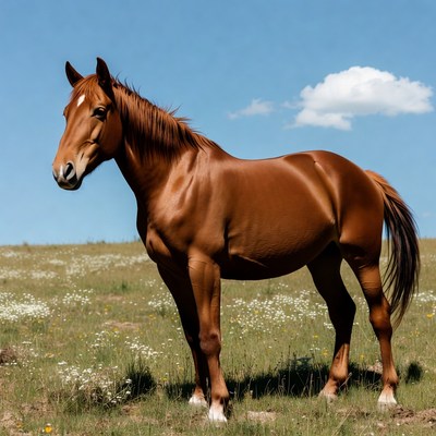 Bay horse standing in grassy field