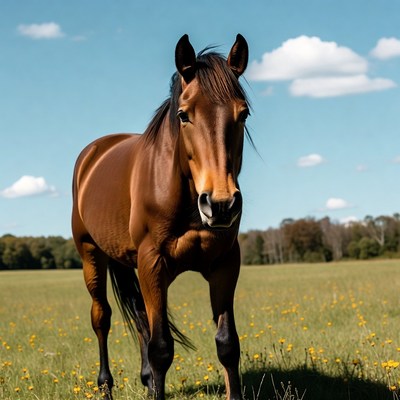 Brown horse standing in green field