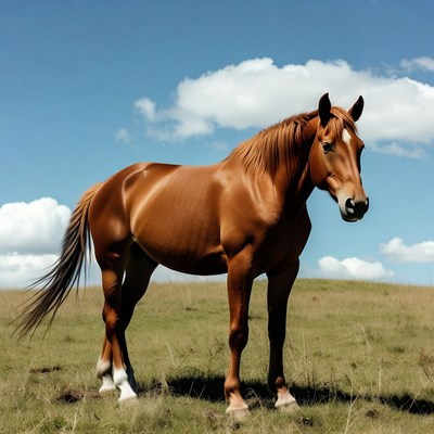 Bay horse standing in grassy field