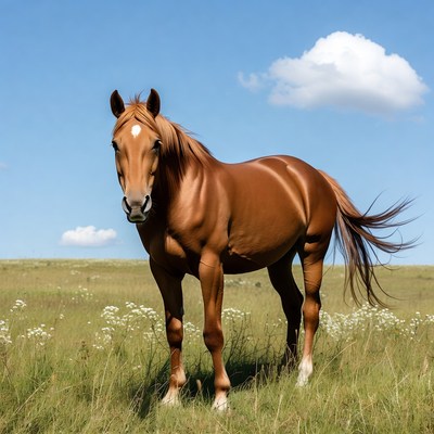 Brown horse standing in grassy field