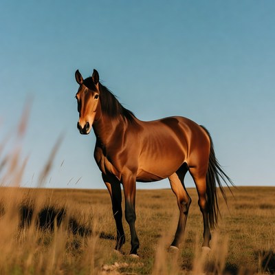 Bay horse standing in grassy field