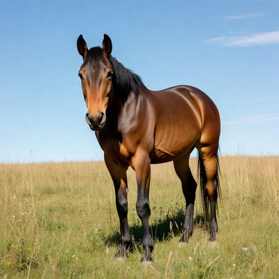 Bay horse standing in grassy field