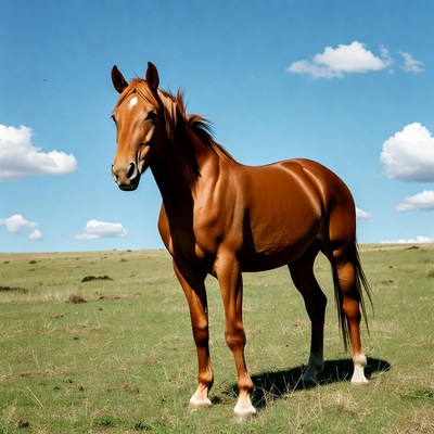 Bay horse standing in green field