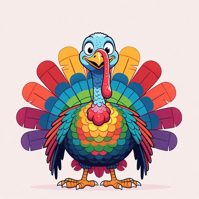 Cartoon turkey with rainbow feathers