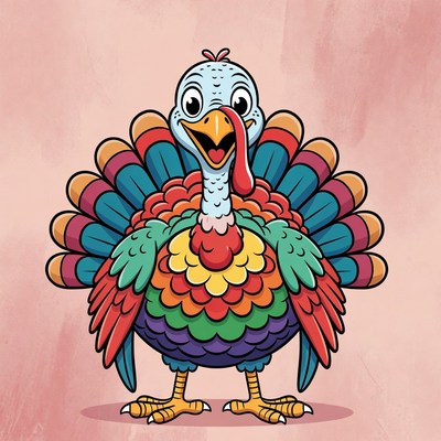 Cartoon Turkey with Rainbow Feathers