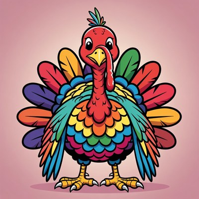 Cartoon Turkey with Rainbow Feathers