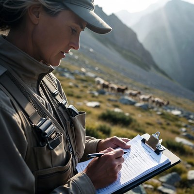 Woman writing on clipboard with sheep