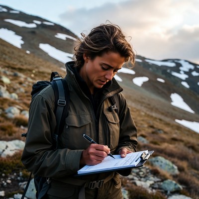 Woman writing on clipboard in snowy mountains