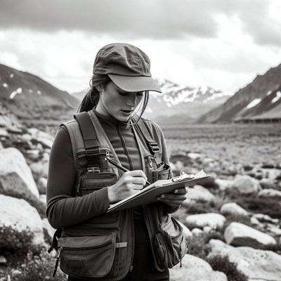 Woman writing notes in mountains