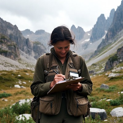 Woman writing on clipboard in mountains