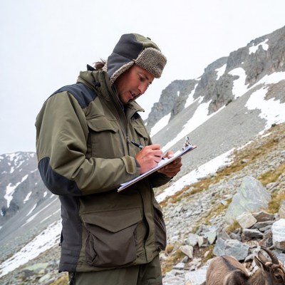 Man writing on clipboard with goat