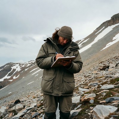 Man writing notes in snowy mountains