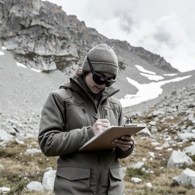Woman writing on clipboard in mountains
