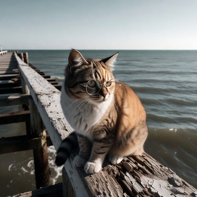 Cat wearing glasses on pier