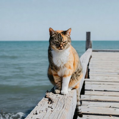 Calico cat on wooden pier