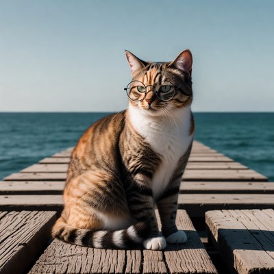Cat with glasses on pier