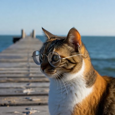 Cat wearing glasses on pier