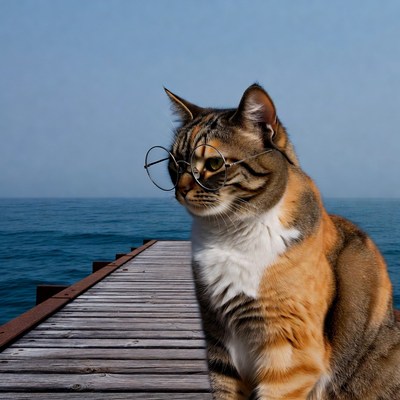 Cat with glasses on pier